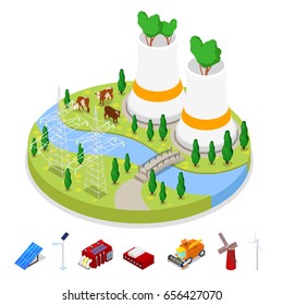Isometric Ecology Concept. Renewable Energy. Agriculture Industry. Vector flat 3d illustration
