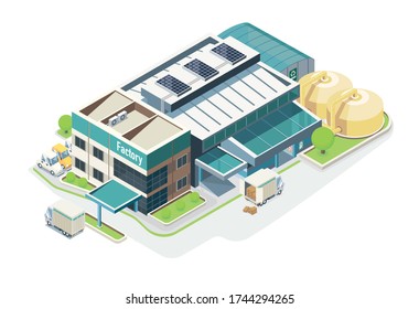 isometric ecology factory manufacture building with sola cell on roof and truck shipping surrounded by beautiful nature on white background  
suitable for modern industrial applications