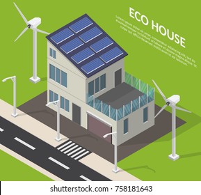 Isometric Ecology home infographic concept of technology system air conditioning security lighting vector set.