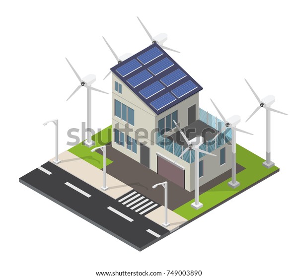 Isometric\
Ecology home infographic concept of technology system air\
conditioning security lighting vector\
set.