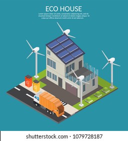 Ecologia Isométrica casa conceito de baixo poli infográfico de sistema de tecnologia e lixo coletar vetor definir fundo.