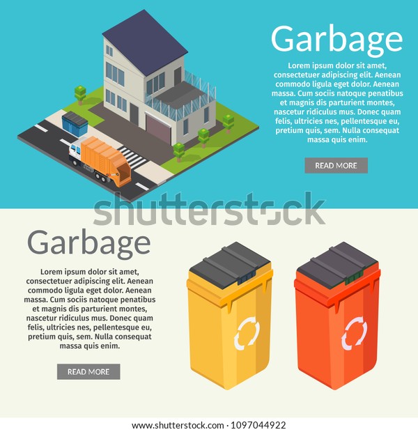 Isometric Ecology home low poly\
infographic concept of  garbage collect vector set\
banner.
