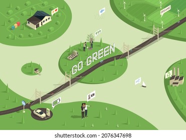Isometric ecology illustration. Sustainable development, green energy, environmental protection.