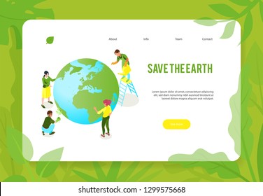Isometric ecology pollution concept banner web page design with earth globe human characters and clickable links vector illustration
