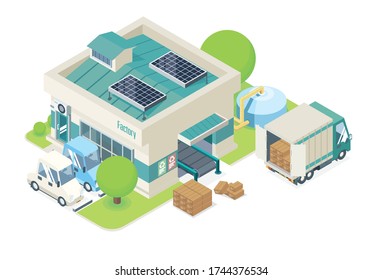 isometric ecology small factory manufacture building with sola cell on roof for save energy system goods coming from conveyor surrounded by beautiful nature suitable for modern industrial applications