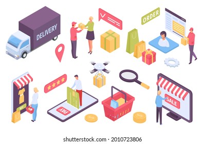 Isometric E-commerce. Customers shopping in online store and paying with card. Delivery by truck, drone or courier. Marketplace vector set of customer app 3d to delivery and make order illustration