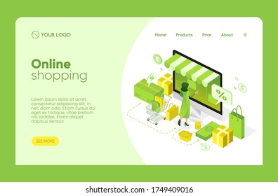 Isometric e-commerce - landing pages with green background Free Vector