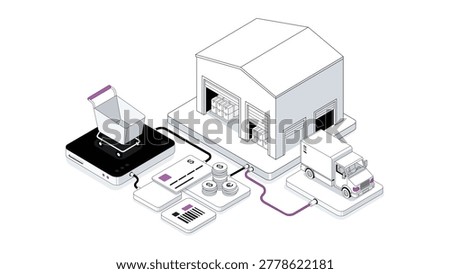 Isometric E-commerce Logistics and Supply Chain Management Concept. Isometric line art with purple accents showing a warehouse, delivery truck, smartphone shopping, and payment elements for an online retail ecosystem.