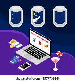 Isometric e-commerce online find and booking flights ticket with laptop on purple and blue background
