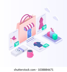 Isometric e-commerce, online shopping and retail, electronic shops, internet of things concept.