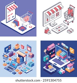 Isometric E-Commerce Platform Illustration – Online Shopping and Digital Marketing Vector Design