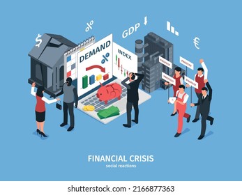 Isometric economics business crisis composition with editable text and damaged bank buildings currency symbols and protesters vector illustration