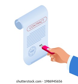 Isometric e-contract with e-signature near. Electronic Document, digital form attached to electronically transmitted document, verification of intent to sign agreement and legal deal.