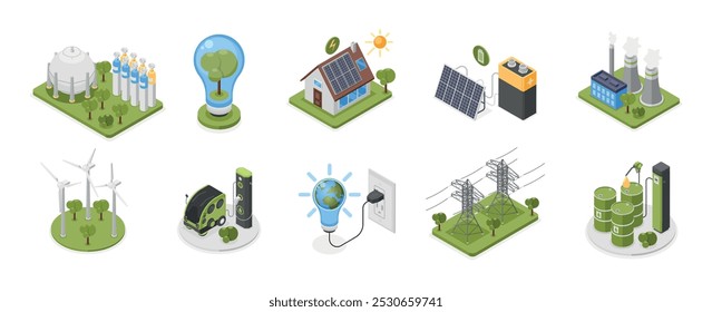 Isometric ecosystem. Electro and clean gas station, solar panels for smart energy house. Eco lifestyle, saving environment and nature, flawless vector icons