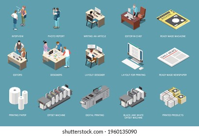 Isometric editorial office icons set with characters of designers reporters editors newspaper magazine offset machine isolated vector illustration