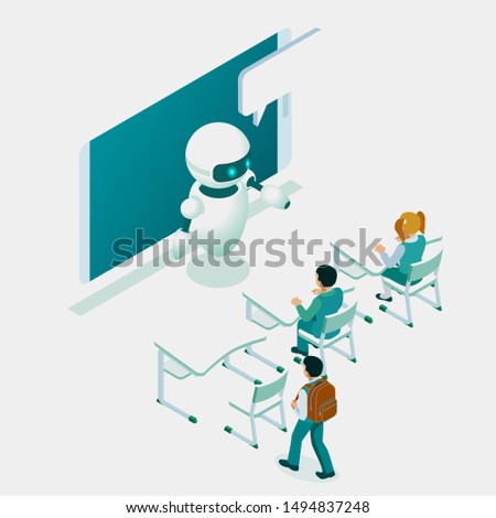 Isometric education or business training using artificial intelligence concept. Group of businessmen studies data. Science teacher bot, Artificial Intelligence, Knowledge Expertise Intelligence Learn.