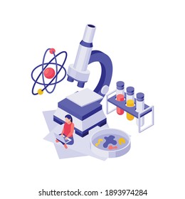 Isometric education concept with 3d science equipment and girl student vector illustration