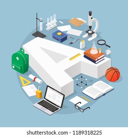 Isometric education concept illustration: bid grade A with graduation cap surrounded by stack of books, glasses, diploma, test-tube, microscope, backpack, basketball, lunch box and stationery.