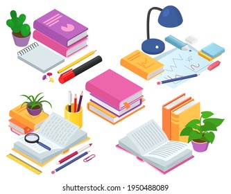 Isometric education concept, vector illustration. 3d symbol design, flat book icon with knowledge, studying object set. Cartoon device for learning