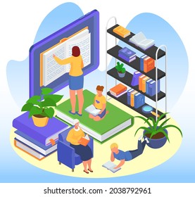 Isometric education concept, vector illustration, tiny man woman character read book in library, get school knowledge at tablet, old person learning
