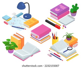 Isometric education concept, vector illustration. 3d symbol design, flat book icon with knowledge, studying object set. Cartoon device for learning