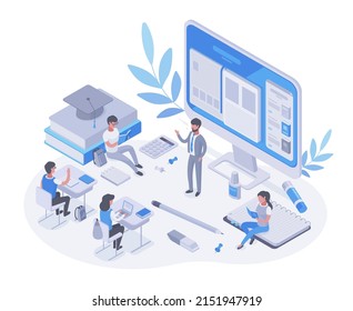 Isometric education course, online studying, university e-learning concept. Studying, process, science or math education lesson vector symbols illustration. Online education