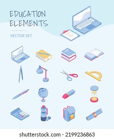 Isometric education elements - hand-drawn fresh style