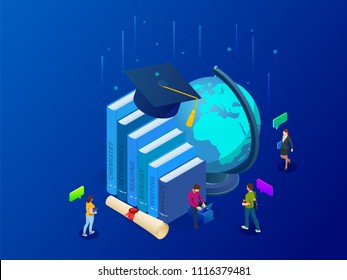 Isometric Education in Global world. Books step education. Online education concept. Online training courses, specialization, university studies vector illustration