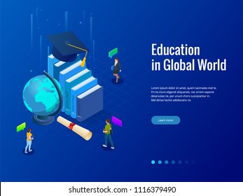 Isometric Education in Global world. Books step education. Online education concept. Online training courses, specialization, university studies vector illustration