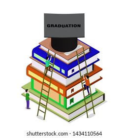 Isometric education graduation back to school 3d concept. People scrambling to books