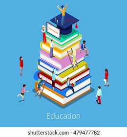 Isometric Education Graduation Concept with Stack of Books and Students. Vector illustration
