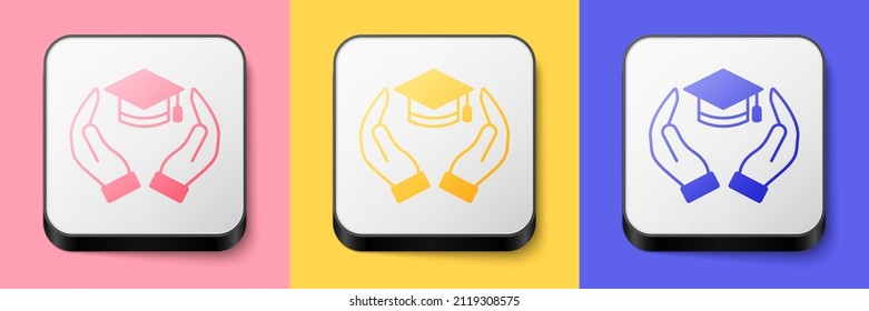 Icono de la subvención de educación isométrica aislado en fondo rosa, amarillo y azul. Tasa de matrícula, educación financiera, fondo de presupuesto, programa de becas, sombrero de graduación. Botón cuadrado. Vector