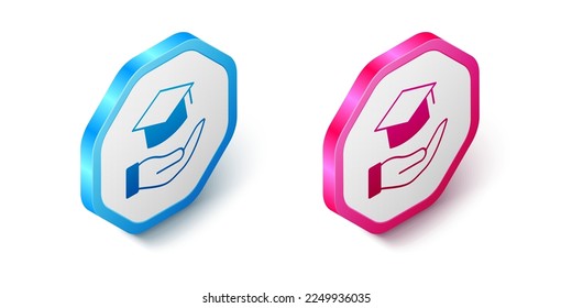 Isometric Education grant icon isolated on white background. Tuition fee, financial education, budget fund, scholarship program, graduation hat. Hexagon button. Vector