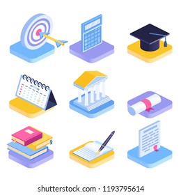 Isometric education icon set. 3d graduation vector illustration. Book, calendar, notebook, graduation cap, goal