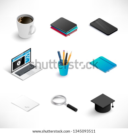 Isometric education icon set. Include office organizer, graduation cap, stack of books, cofee cup, smartphone, laptop, notebook, paper, magnifying glass. Office vector illustration
