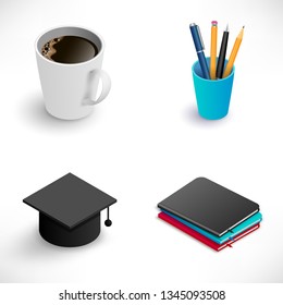 Isometric education icon set. Office organizer, graduation cap, stack of books, Cofee cup. Office vector illustration