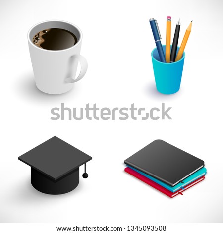 Isometric education icon set. Office organizer, graduation cap, stack of books, Cofee cup. Office vector illustration