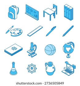 Isometric education icons. School lessons elements, university college or research. Basketball ball, globe, stationery, chemistry glass, book, nifty vector set