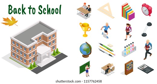 Isometric education icons set. Back to school, workplace, school kids and other elements. Vector illustration.