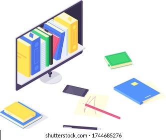 Isometric education online study concept technology knowledge design web learning and book library vector illustration. Digital school educations and internet studying 3d isolated on white background