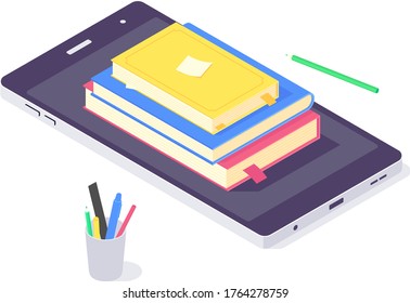 Isometric education online study knowledge design web learning and book web library vector illustration. Digital school educations and internet studying 3d isolated on white background