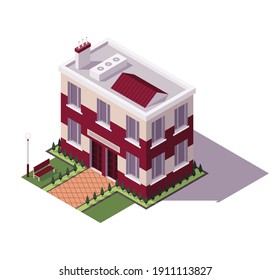 Isometric educational building. Architecture of modern city historic educational icon. Public library, university school or government. Vector isometric icon or infographic element. High detalied