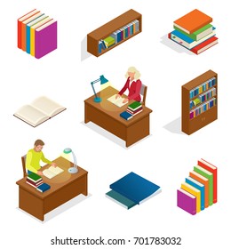 Isometric Educational Concept. Library elements Bookcase, bookshelf. The man is reading a book at the table. Used for work flow layout, banner, diagram, number options, web design and infographics.