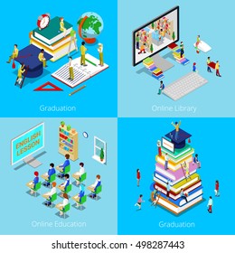 Isometric Educational Concept. Online Education, Internet Library, Graduation with Cap and Students. Vector 3d flat illustration