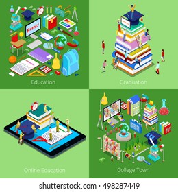 Isometric Educational Concept. Online Education, College Town, Graduation with Cap and Students. Vector 3d flat illustration