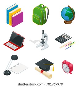 Isometric Educational Concept. Open book of knowledge, back to school, different educational supplies Can be used for workflow layout, banner, diagram, number options, web design and infographics.