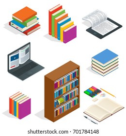 Isometric Educational Concept. Open book of knowledge, back to school, different educational supplies Can be used for workflow layout, banner, diagram, number options, web design and infographics.