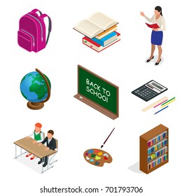 Isometric Educational Concept. Open book of knowledge, back to school, different educational supplies Can be used for workflow layout, banner, diagram, number options, web design and infographics.