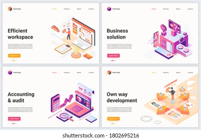 Isometric effective business management technology vector illustration. Creative concept banner set, website design of cartoon 3d business development, work process optimization, planning for manager