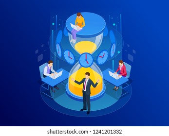 Isometric Effective time management concept. Business people plans and organizes working time, deals deadlines, achieve goals.
